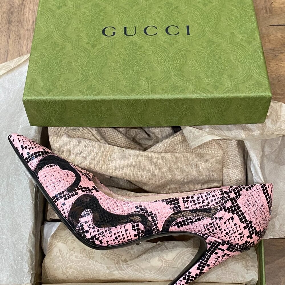 Gucci Women Python Calf Print/GG Rhombus N Wild Rose/Black Leather Size 9US/39EU